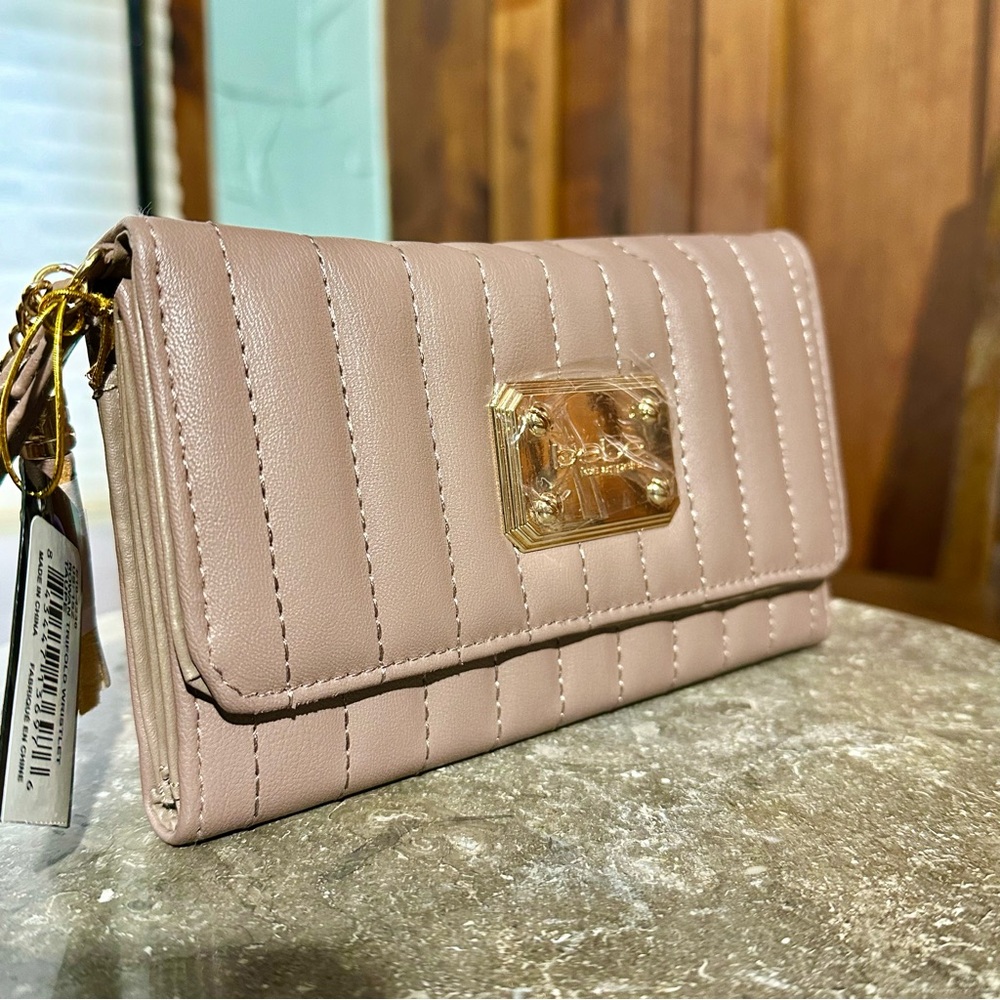 NEW w/ tags BEBE ROWAN ALMOND AND GOLD  LOGO WRISTLET ZIP AROUND WALLET